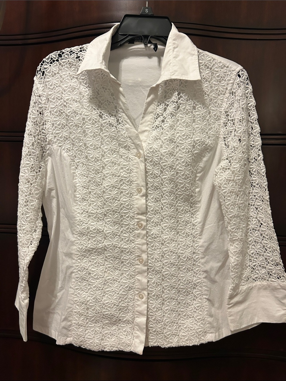 Women's White Lace Panel Button-Down Shirt